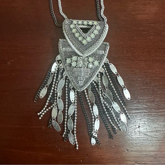 Stella & Dot Chiara Pendant Necklace Coastal Cowgirl Silver Fringe White Leather - Picture 1 of 11